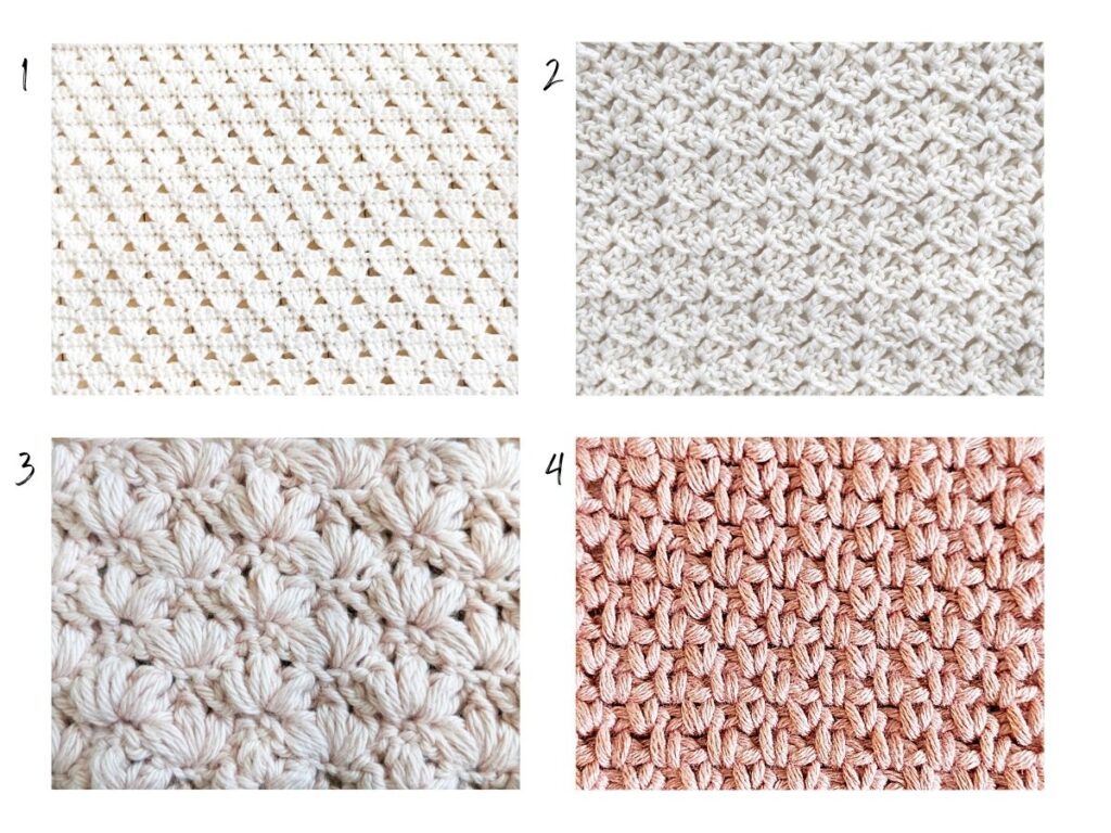 4 different crochet stitches: shell stitch, reverse blanket stitch, lotus stitch, and the granite stitch.
