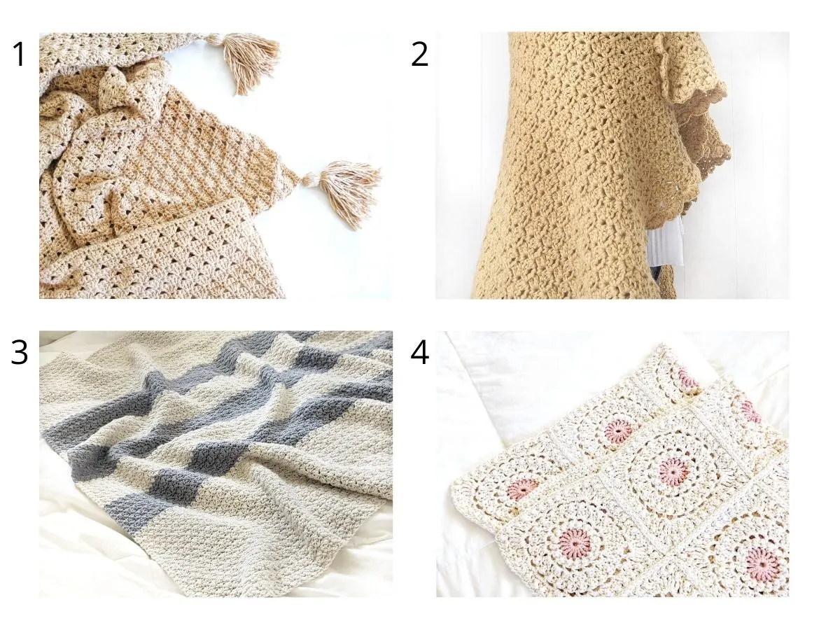 4 different pictures of free crochet blanket patterns