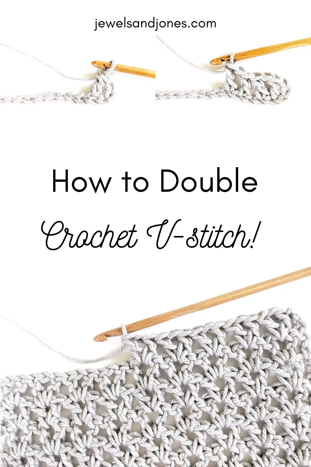 pinnable image shows a swatch of a crochet double v-stitch