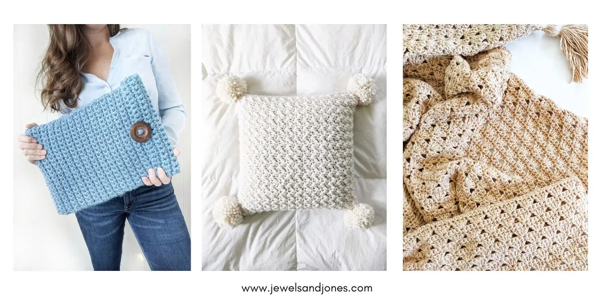 3 free crochet patterns, a laptop case, a chunky pillow, and a baby blanket.