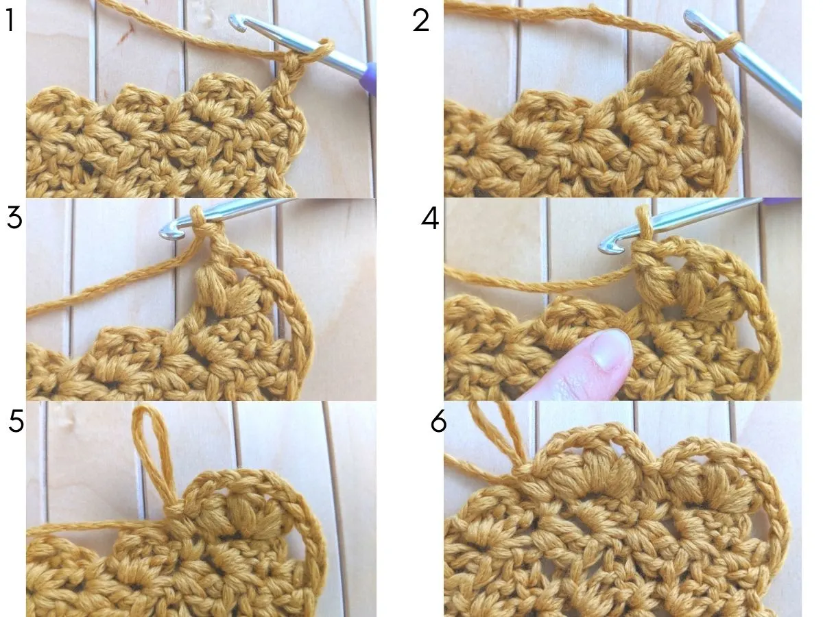 step-by-step crochet tutorial on how to add a crochet puff stitch border on a blanket
