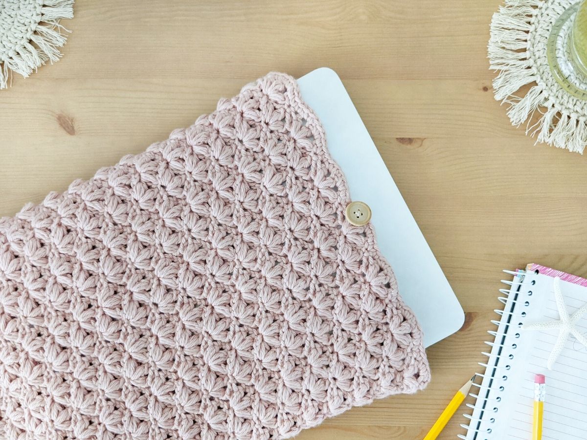 a crochet laptop cover made with Hobby Lobby's I love This Cotton Yarn 