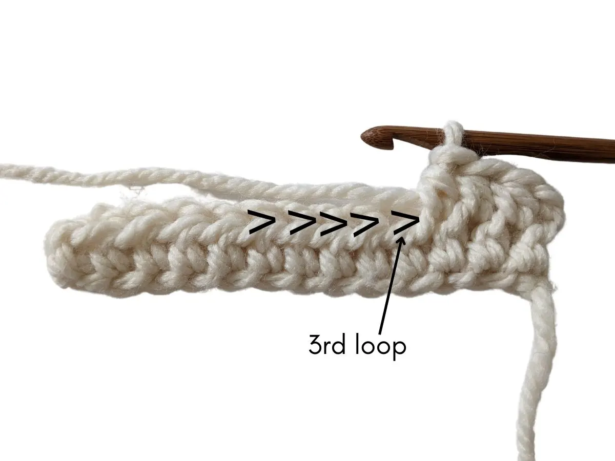 A crochet swatch that shows half double crochet in the 3rd loop.