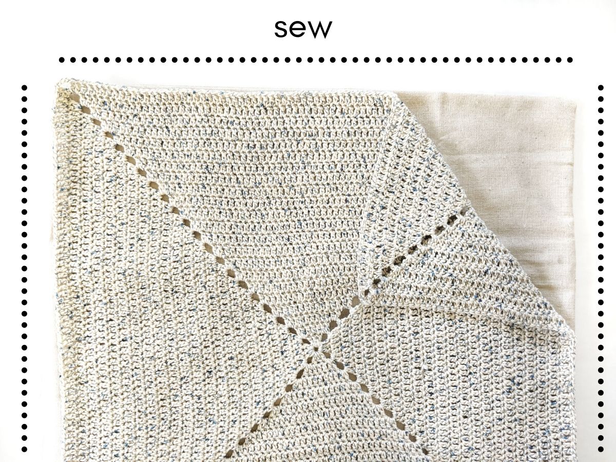 an image showing how to sew a crochet panel onto a fabric pillow cover