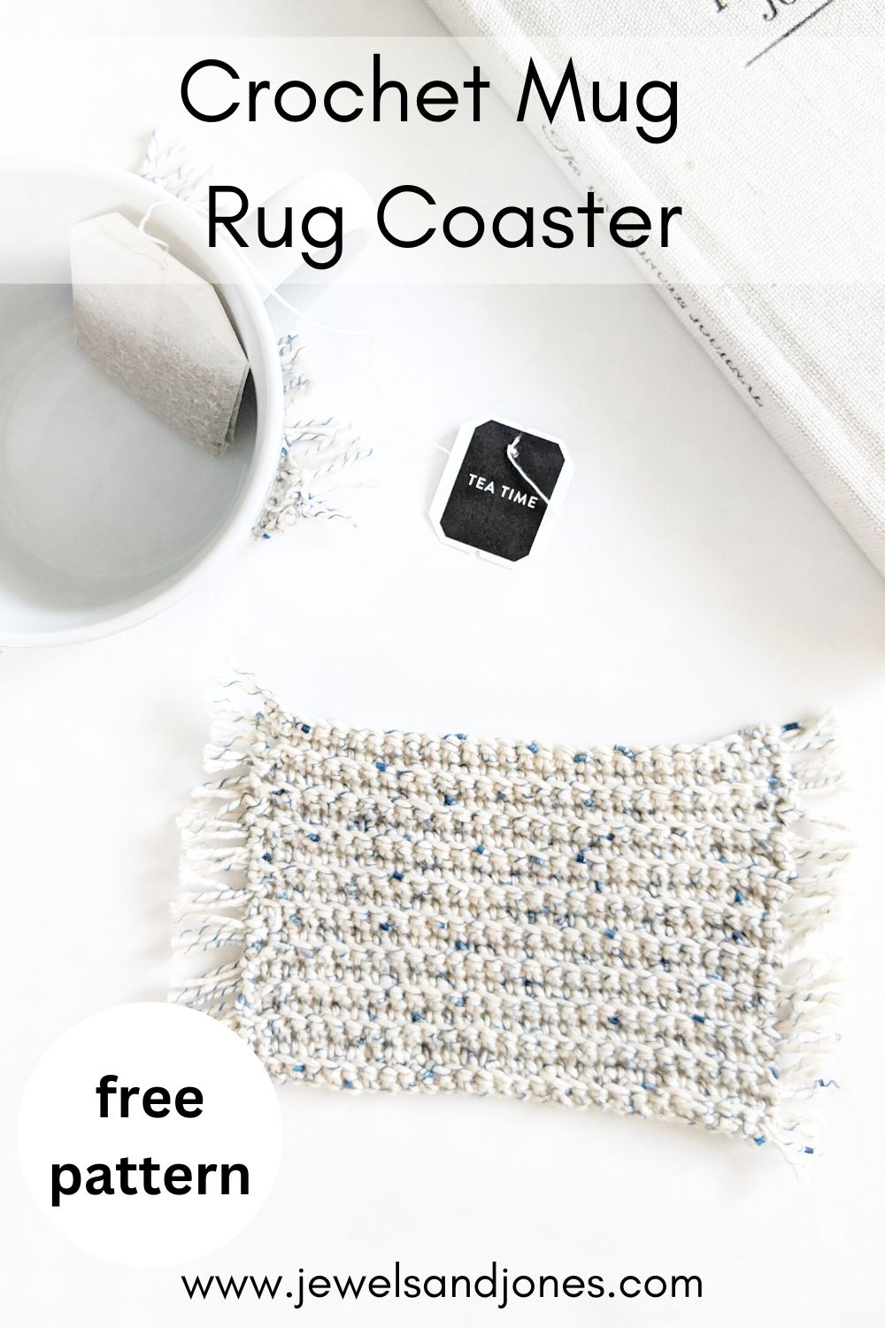 A crochet rectangle mug rug coaster pattern with a ceramic mug and tea bag.