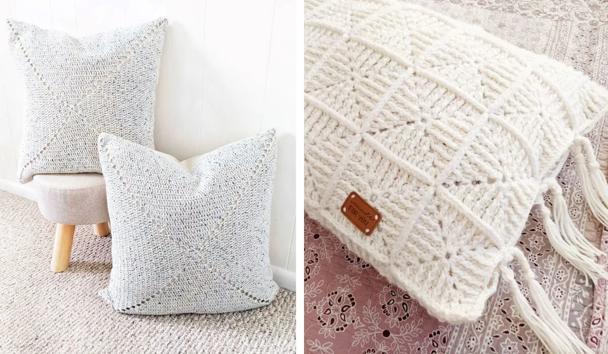 A granny square crochet pillow and and a long granny square crochet pillow. 