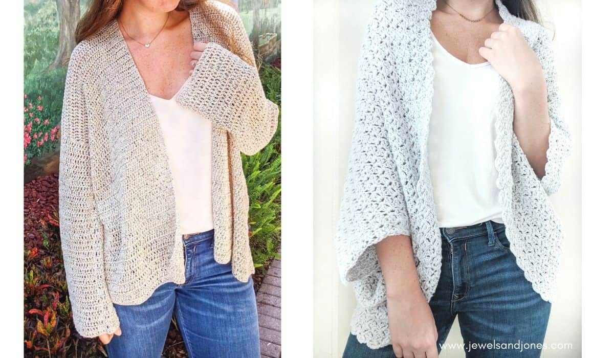 First image shows model wearing a crochet cardigan and the second image shows model wearing a crochet shrug.