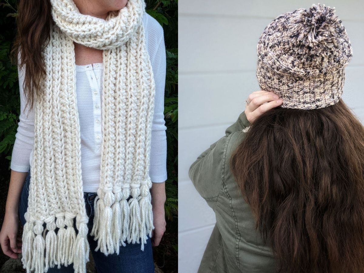 model wearing a chunky crochet scarf and slouchy crochet beanie