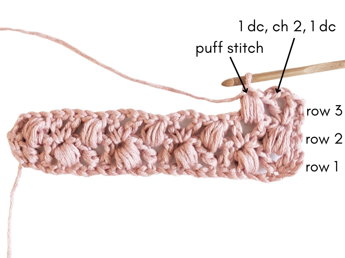 A completed row 3 of the puff stitch.