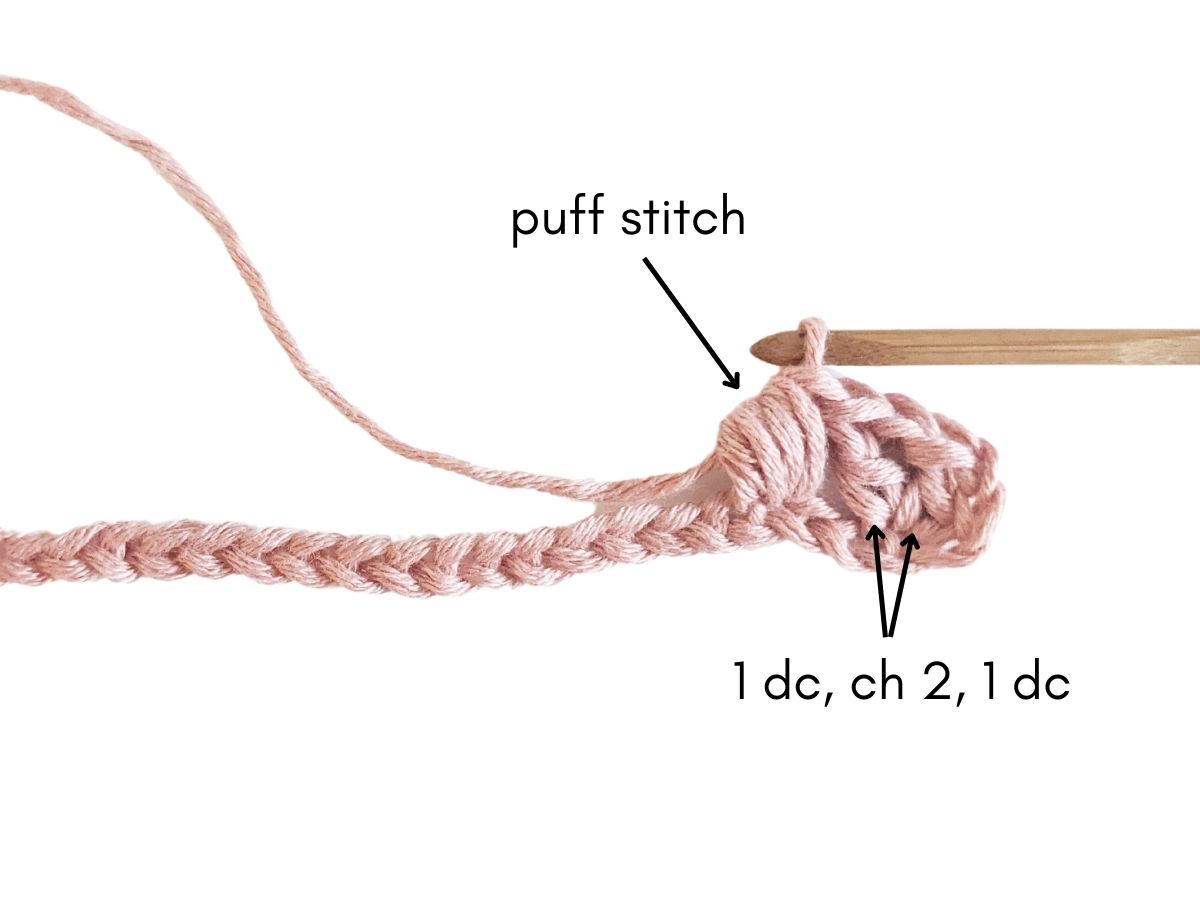 The first row of a crochet puff stitch.
