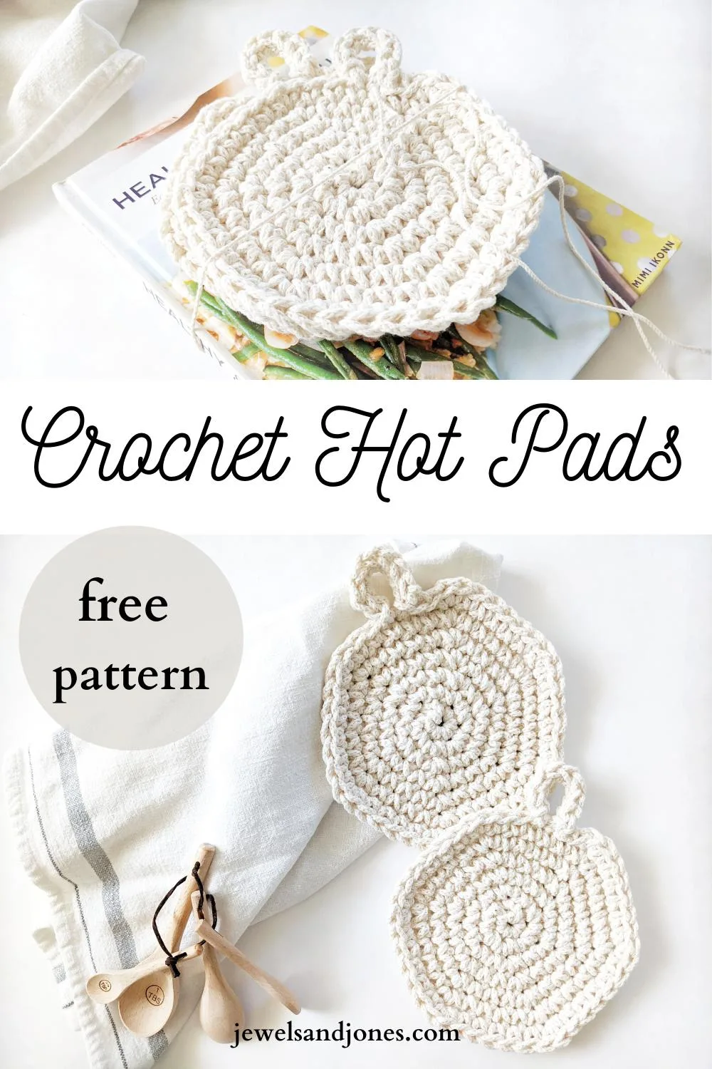 crochet spiral hot pads with a cookbook and cotton tea towel pin