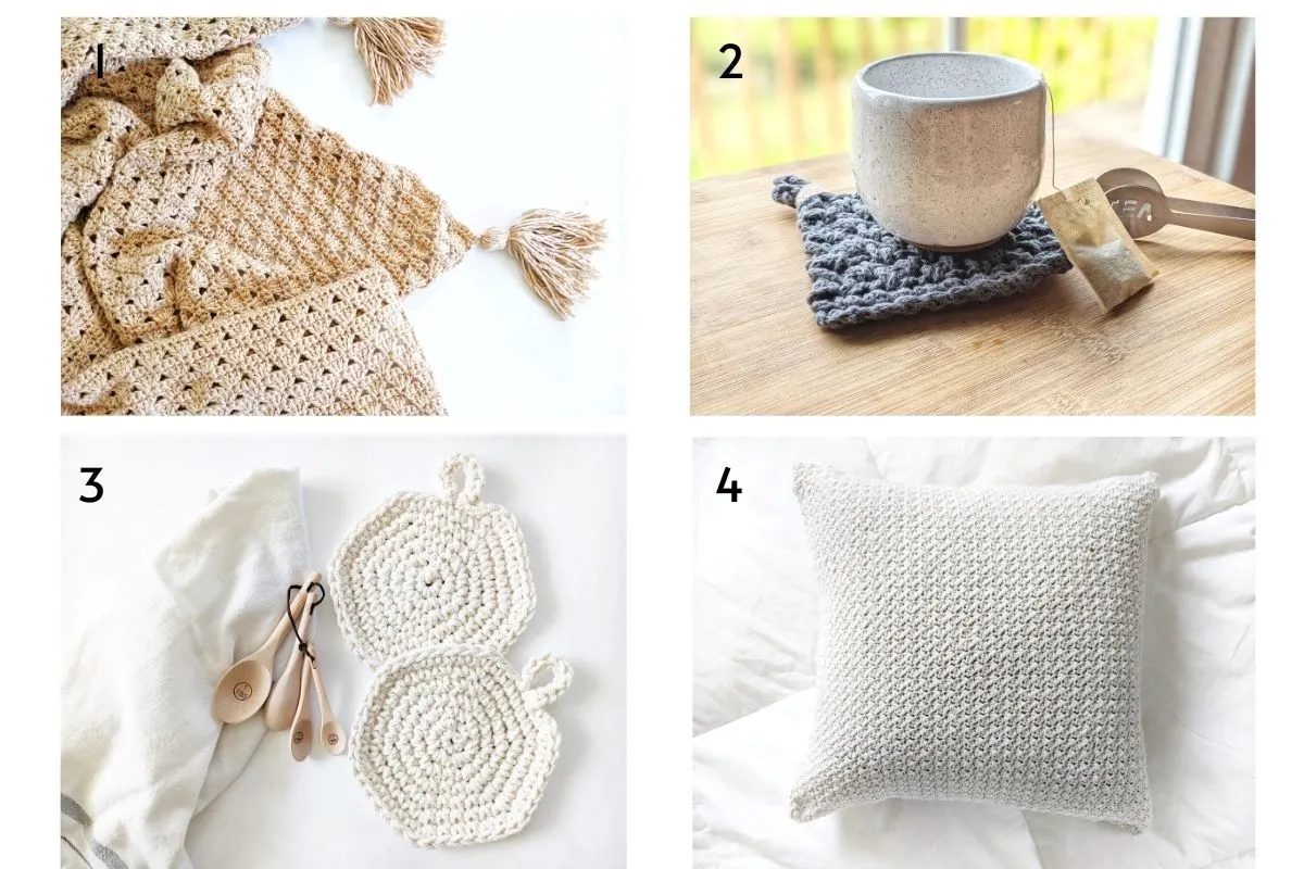 free crochet home decor patterns that include the shell stitch blanket, susette stitch pillow, hot pads, and chunky coasters