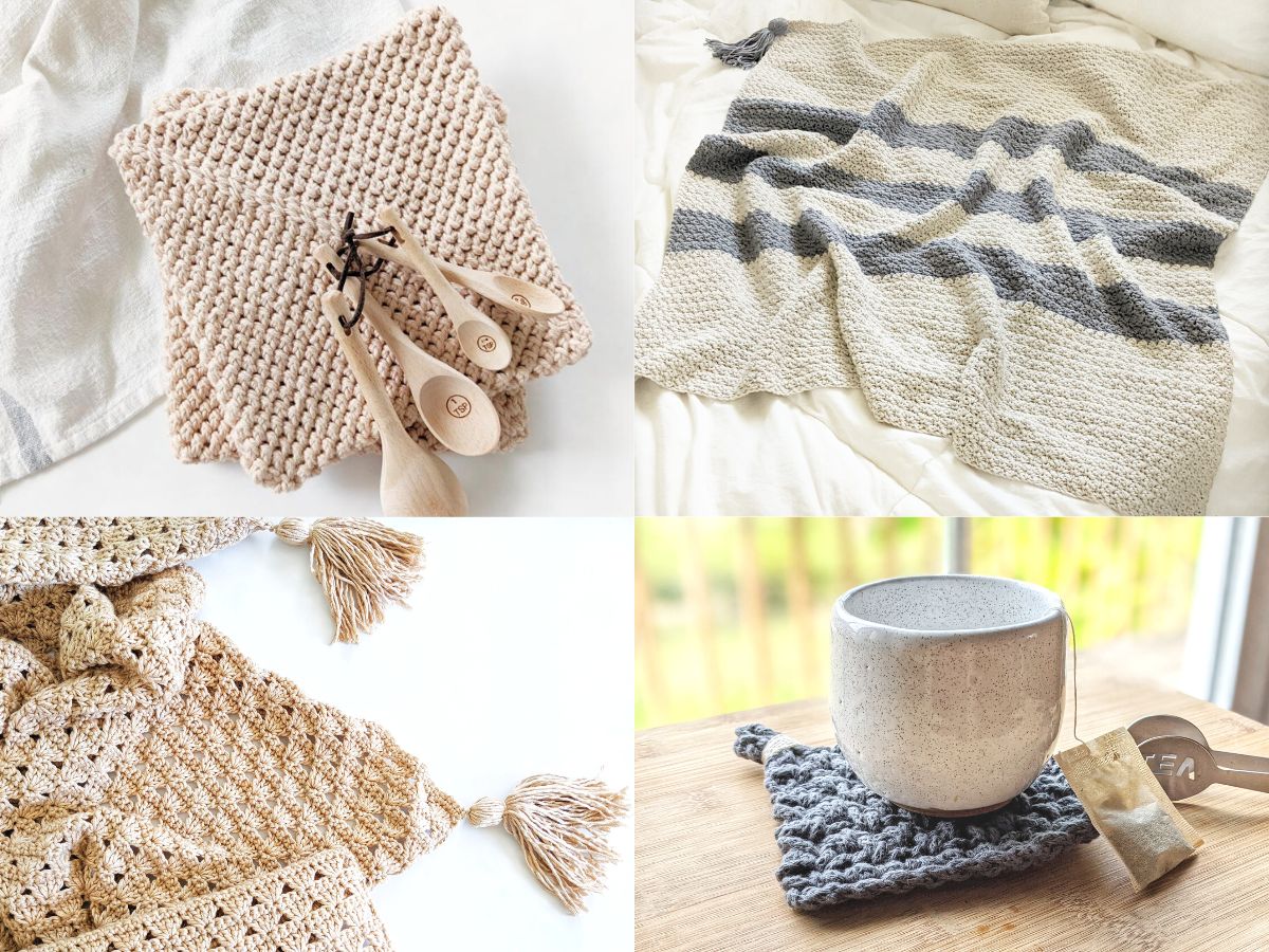 4 free crochet patterns for the home, a modern potholder, striped crochet baby blanket, shell stitch blanket, and square coasters
