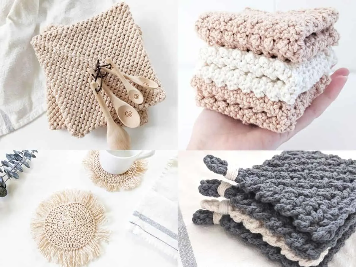 4 free crochet kitchen patterns: modern crochet potholders, crochet washcloths, boho coasters, and square crochet coasters.