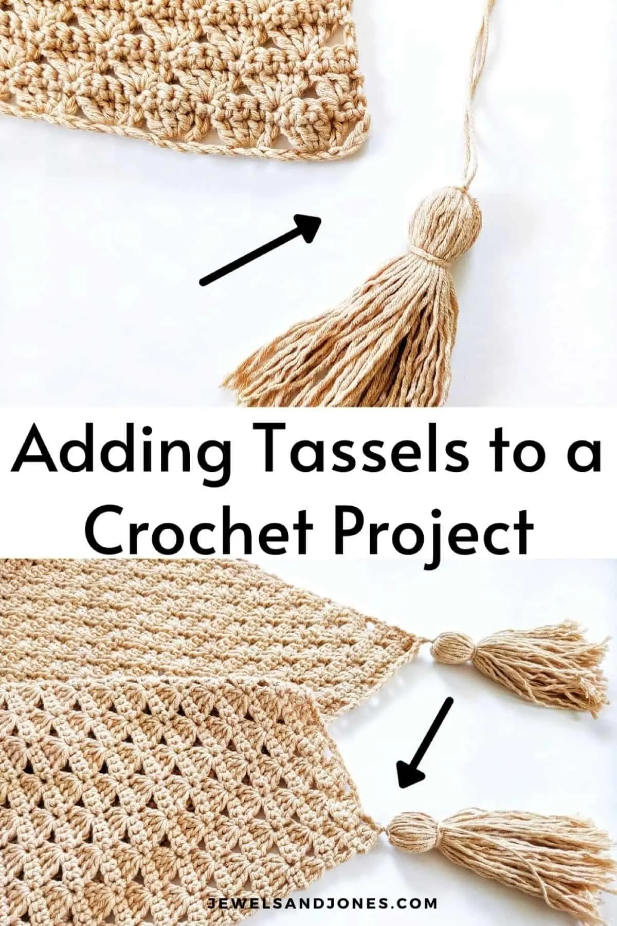 this picture is showing with arrows how to add tassels to a blanket
