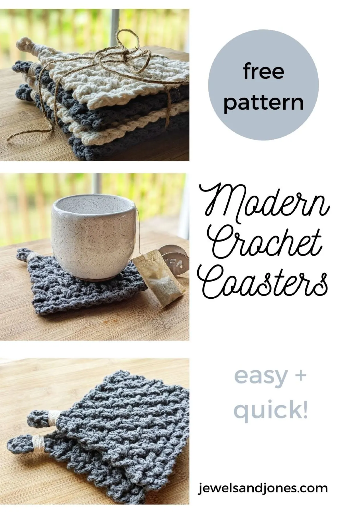 3 different pictures of the free crochet coaster pattern
