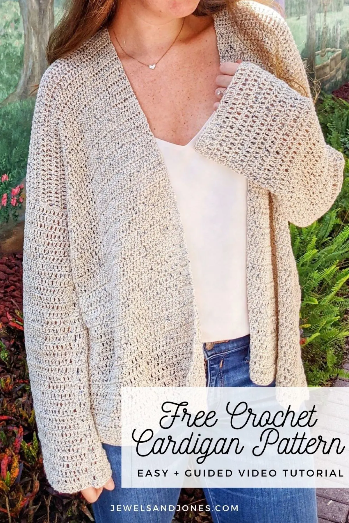 model wearing light cotton  oversized crochet cardigan 