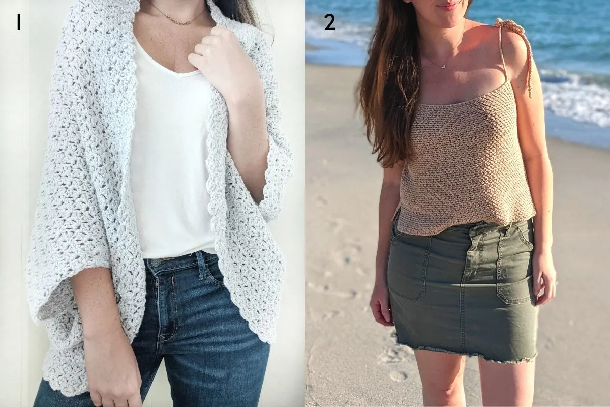 picture is showing model wearing the free blanket shrug pattern and the seaside crochet tank top pattern.