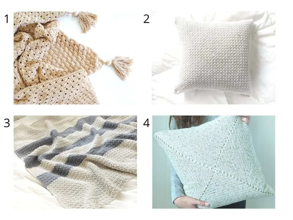 4 different free crochet patterns that include 2 crochet blankets and 2 crochet pillows