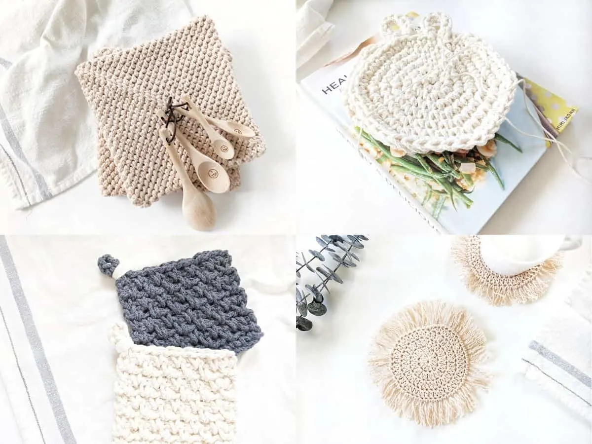 4 free crochet home decor patterns: potholder, hotpad, and 2 different coasters.