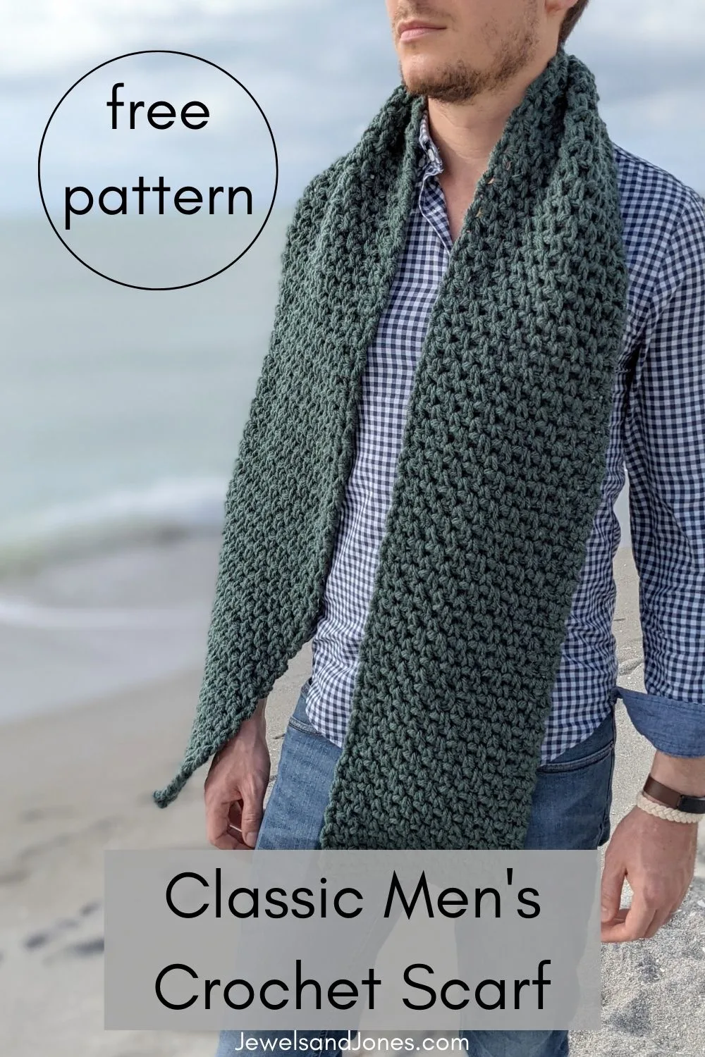 model wearing a free classic men's crochet scarf pattern that is made with a bulky weight yarn in the color Juniper