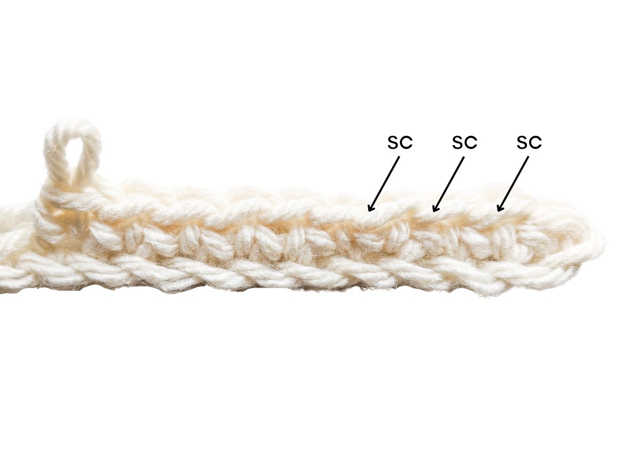 Image shows the first row in the scarf crochet pattern for men. 