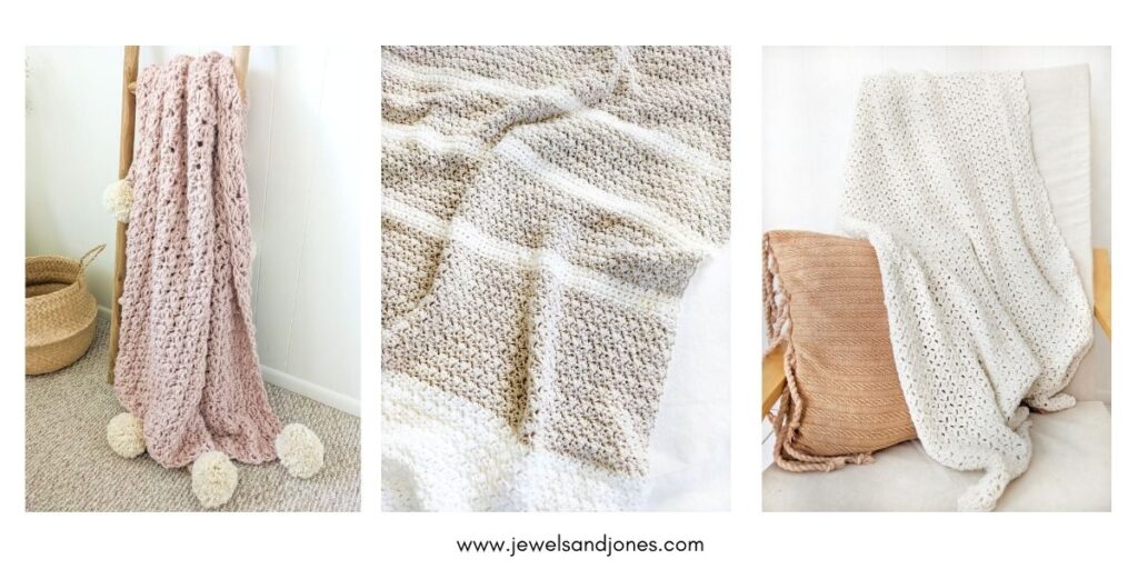 Image shows 3 pictures of crochet blanket pattern that you can make. 