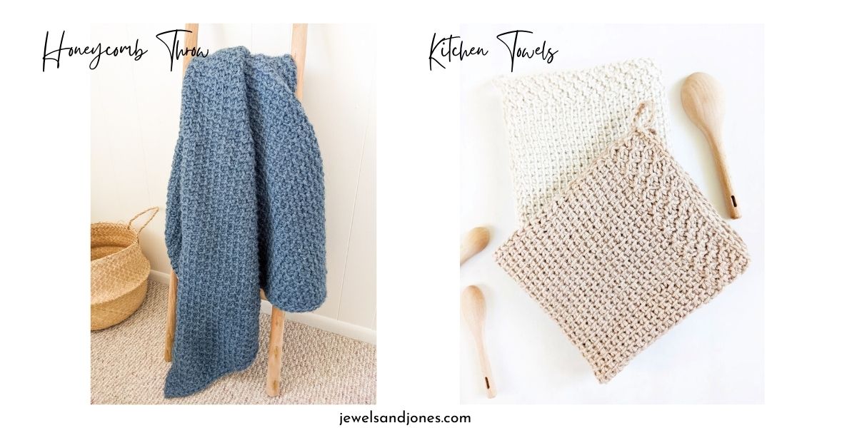 2 free Tunisian Crochet Patterns, the Honeycomb Throw and Kitchen Towels.