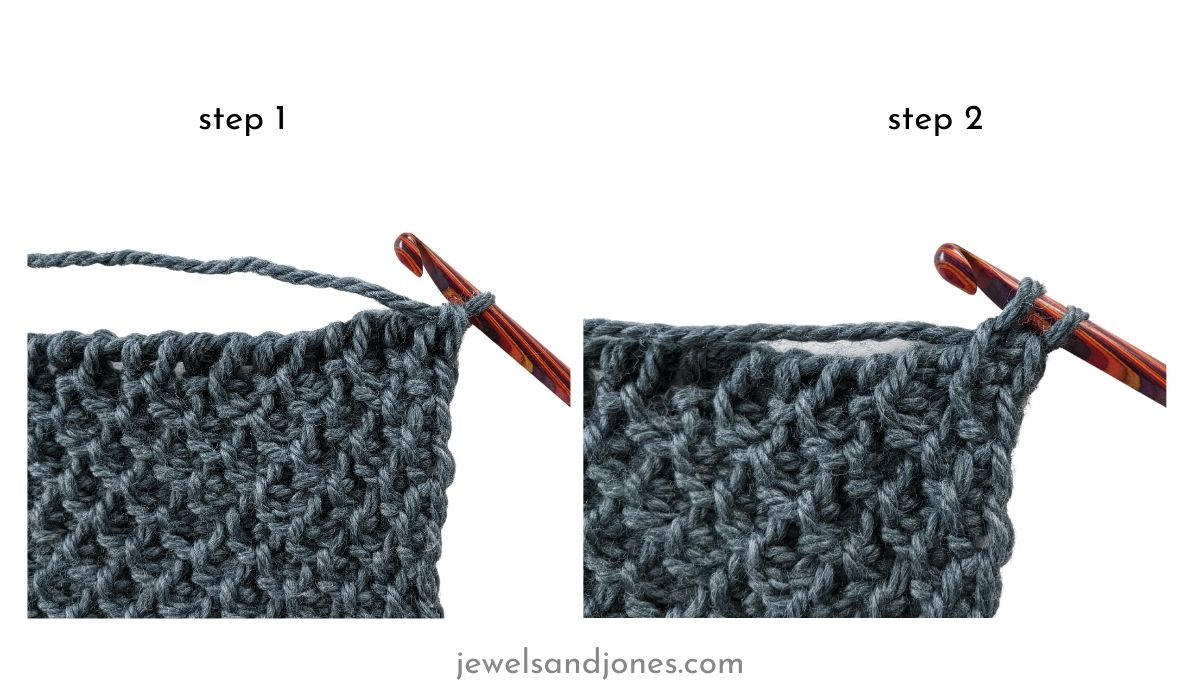 The first picture shows a Tunisian crochet hook with a loop and the second picture shows two loops on a Tunisian crochet hook.