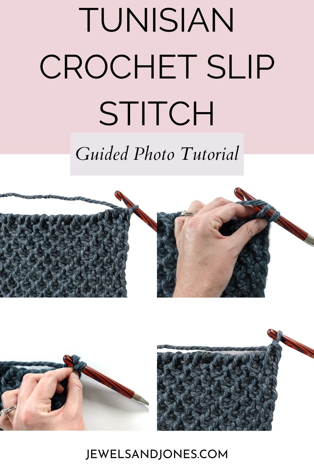 Image has 4 pictures that show the steps to make a slip stitch.