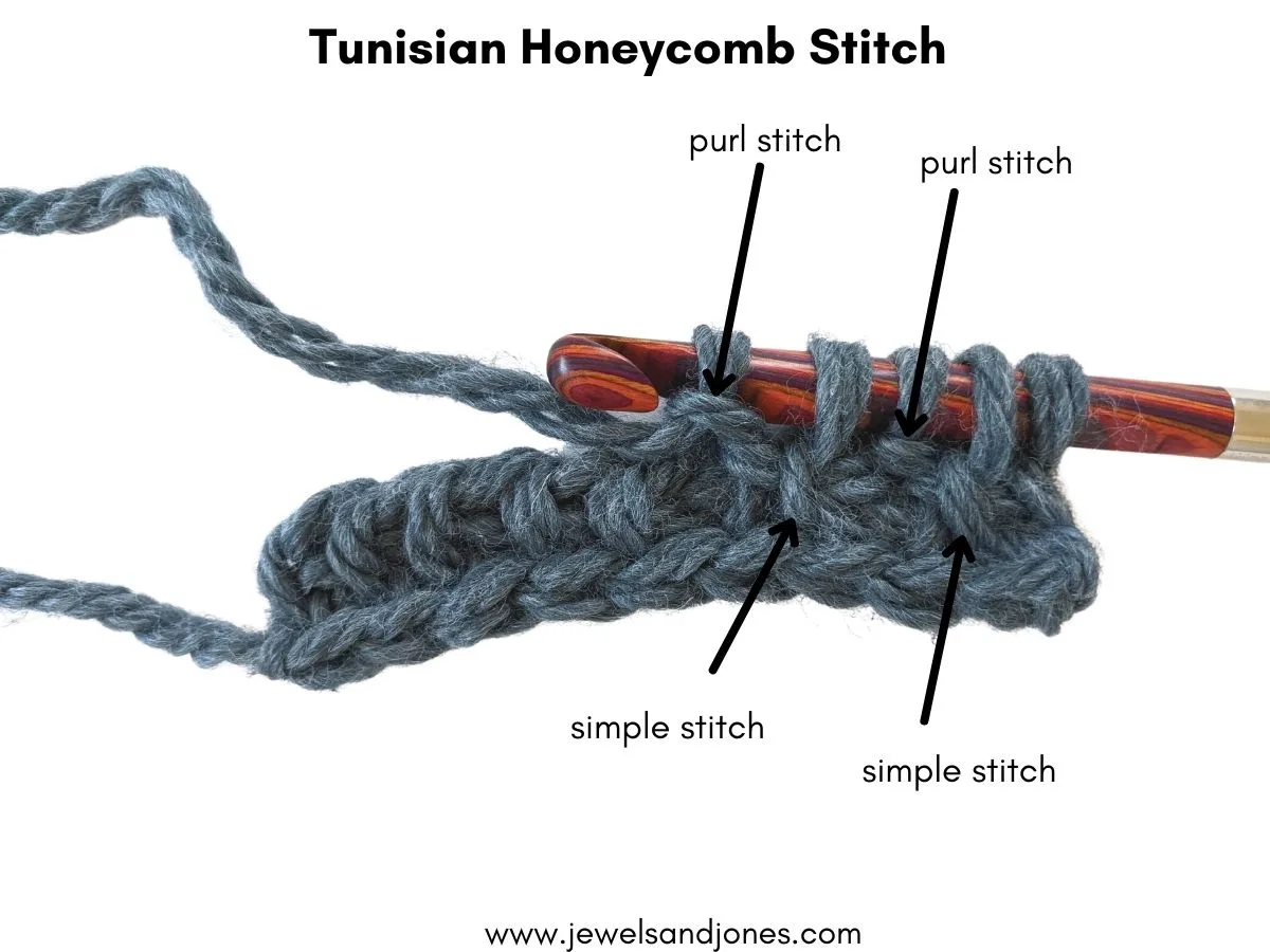 Image shows what a Tunisian honeycomb stitch looks like with bulky weight yarn. 