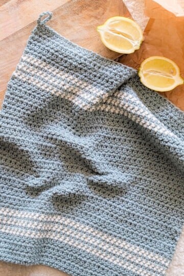 A striped blue crochet towel pattern for the kitchen.