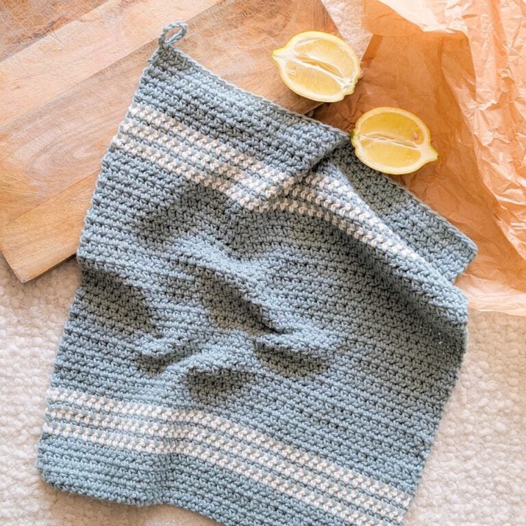 A striped blue crochet towel pattern for the kitchen.