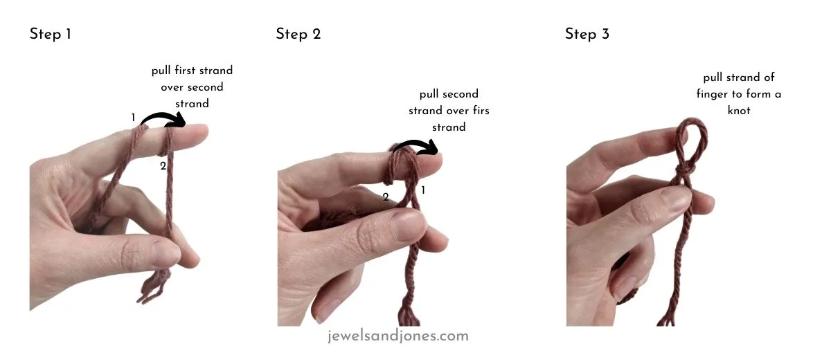 Image shows a step-by-step tutorial of how to create a slip know using bulky weight yarn and your finger. 