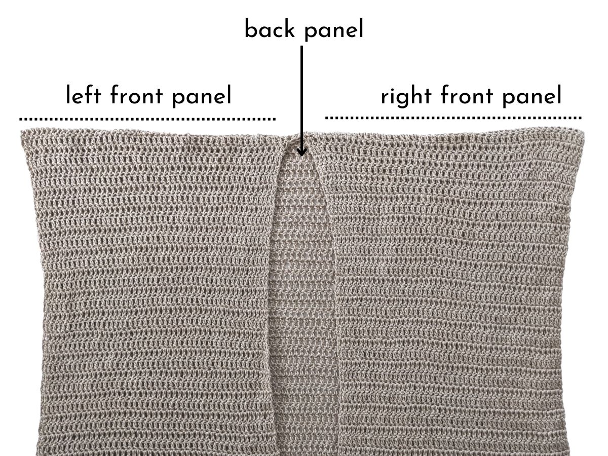 The front + back panels of a crochet cardigan.