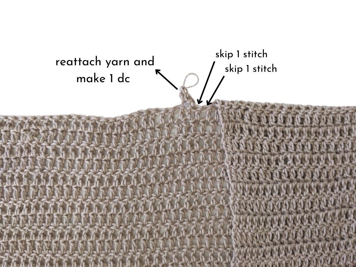 Image shows how to reattach yarn to a crochet cardigan.