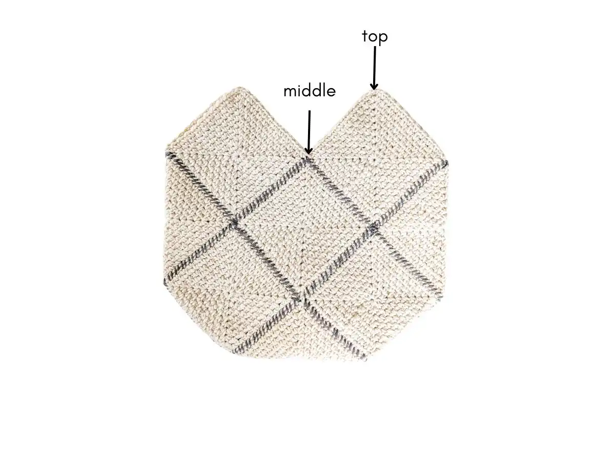 The top and middle part of the granny square bag are shown.