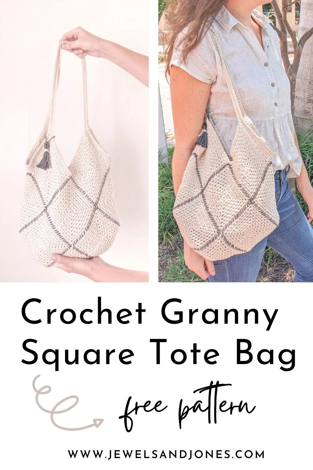 A crochet granny square tote bag pattern.