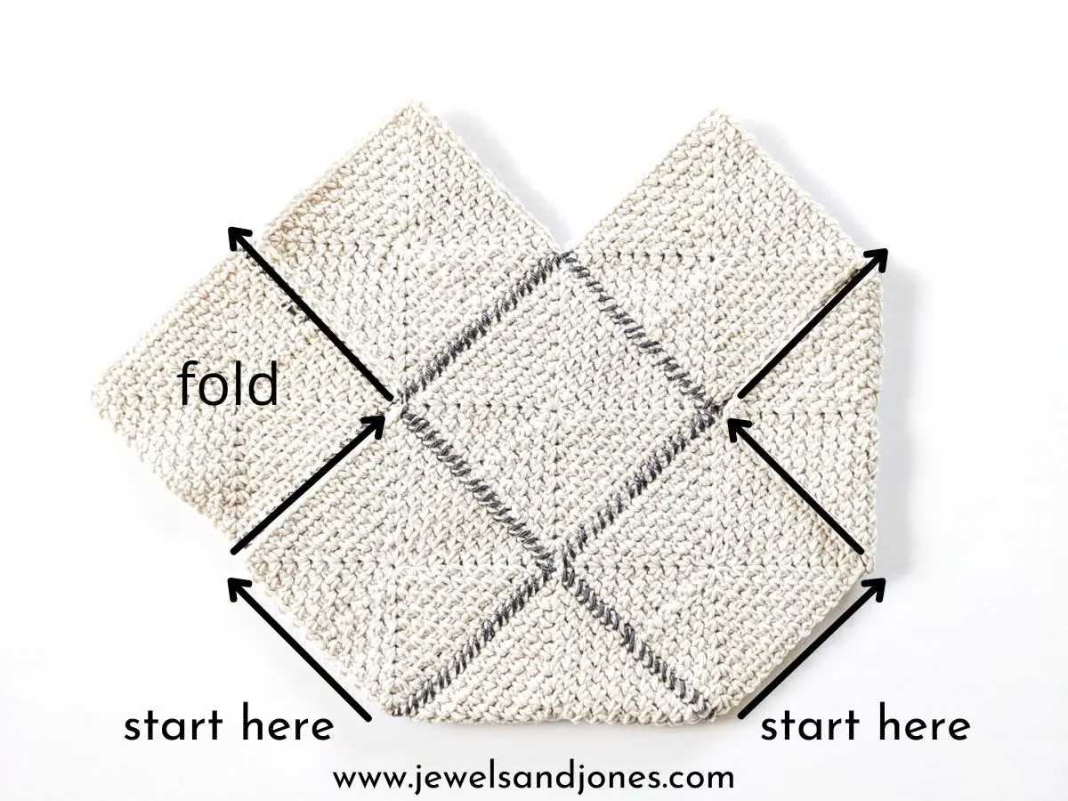 Image shows how to put together your granny square bag.