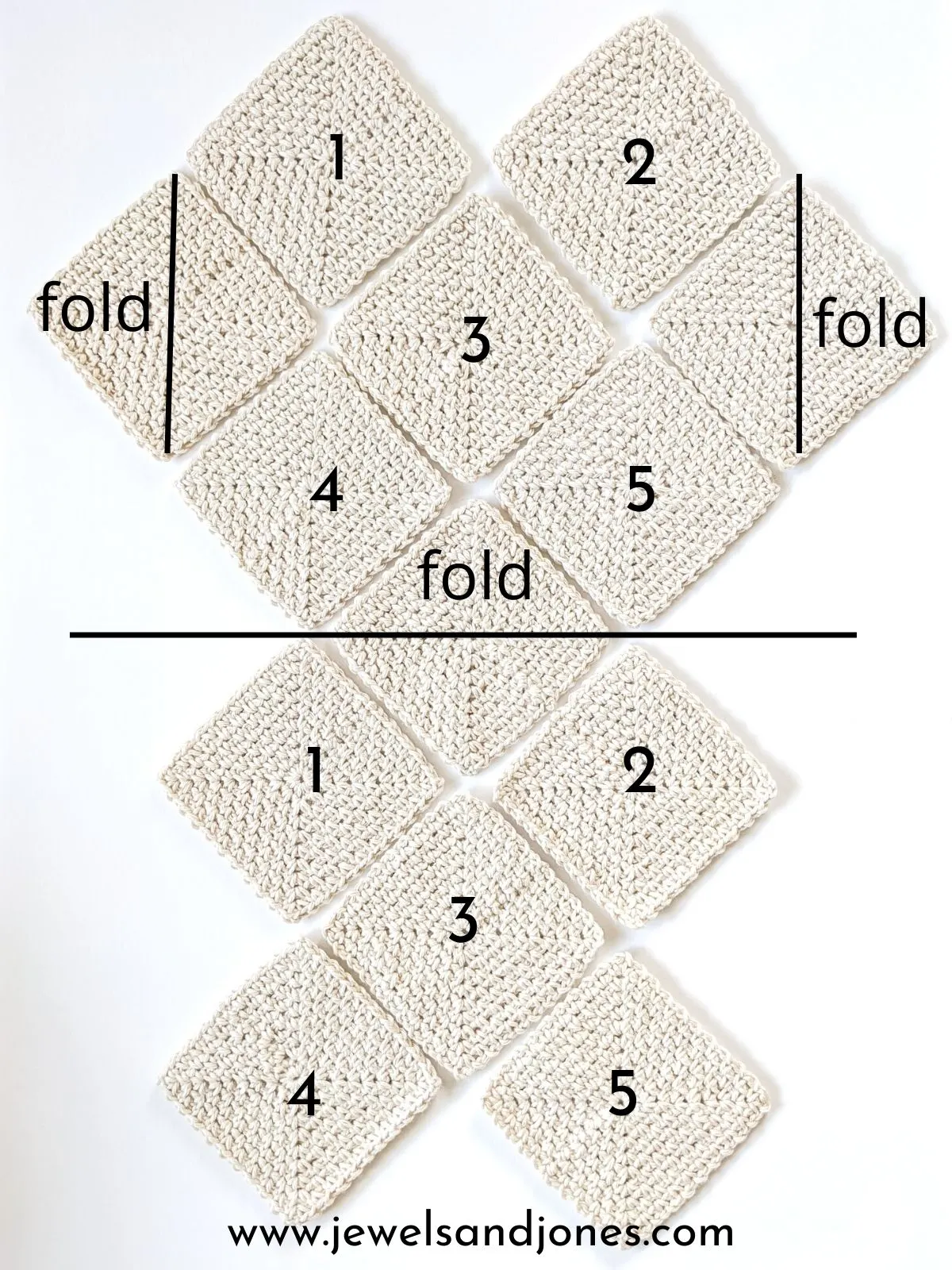 Image shows how to lay out your moss stitch squares to form a bag.