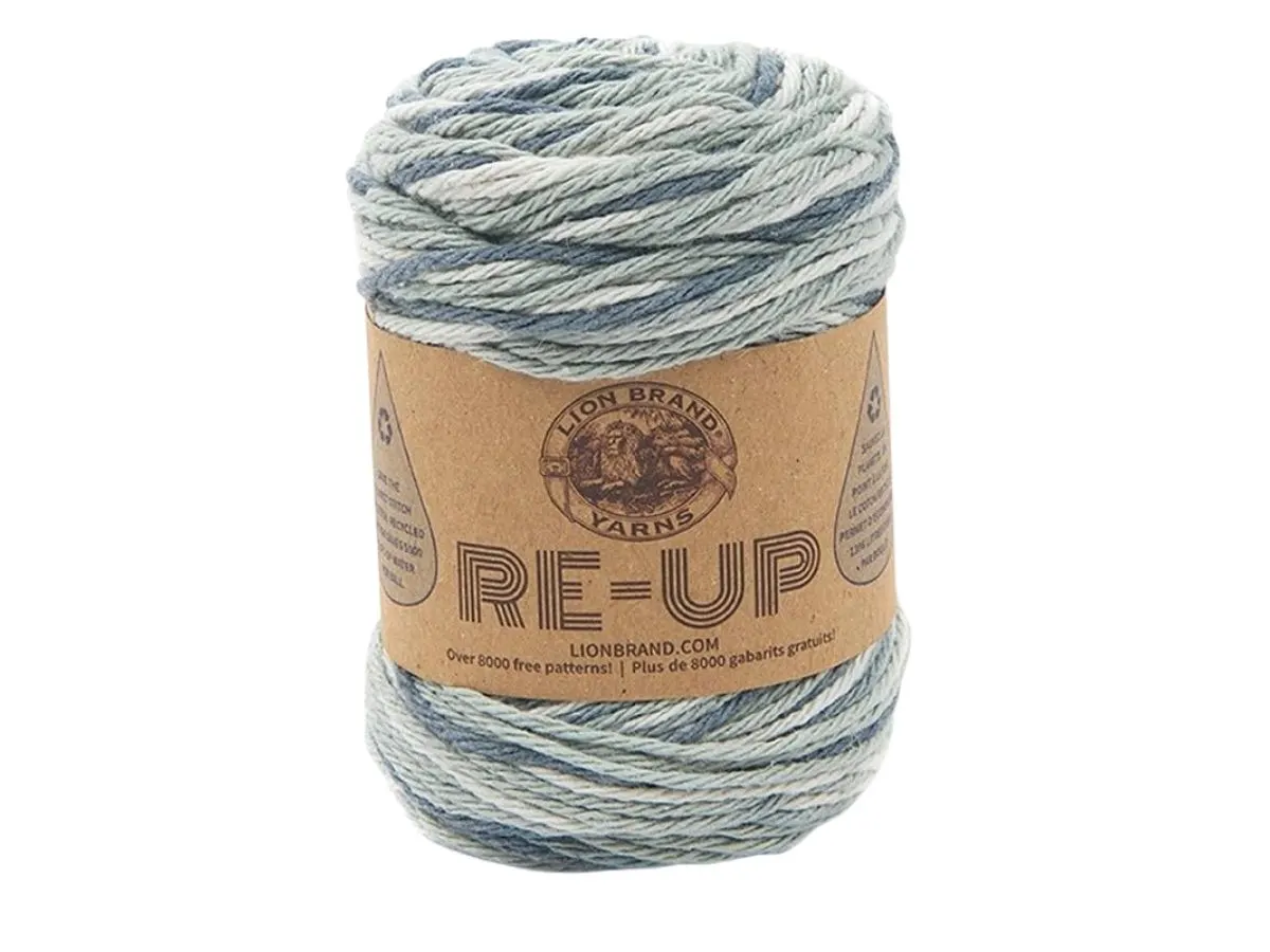 A ball of Re-Up yarn fin the color blue and white.