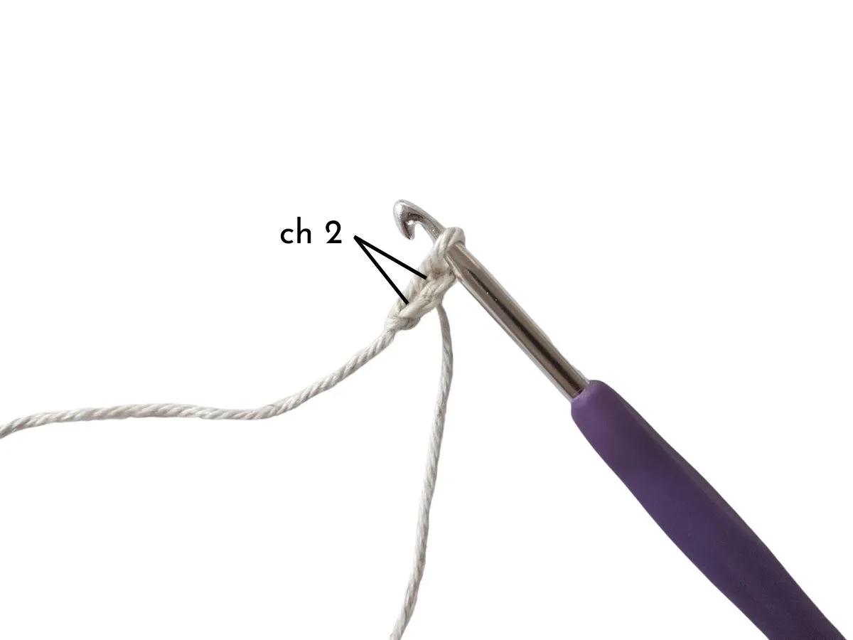 Image shows two chains with a crochet hook.