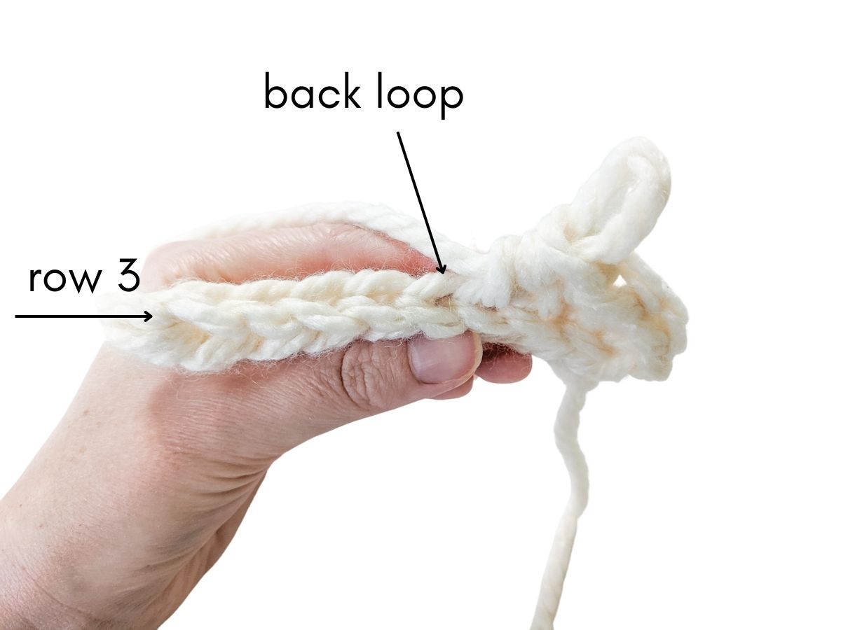 An uncompleted row of half double crochet in the back loop.