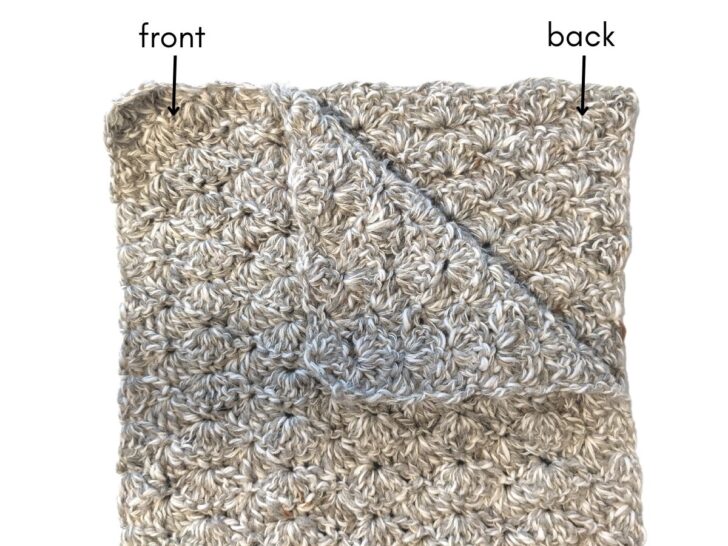 Image shows the back and front of a crochet scarf. 