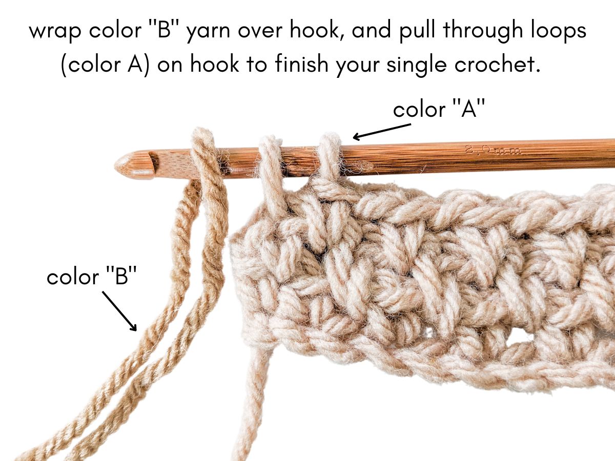 Image shows step 2 on how to change yarn colors in crochet.