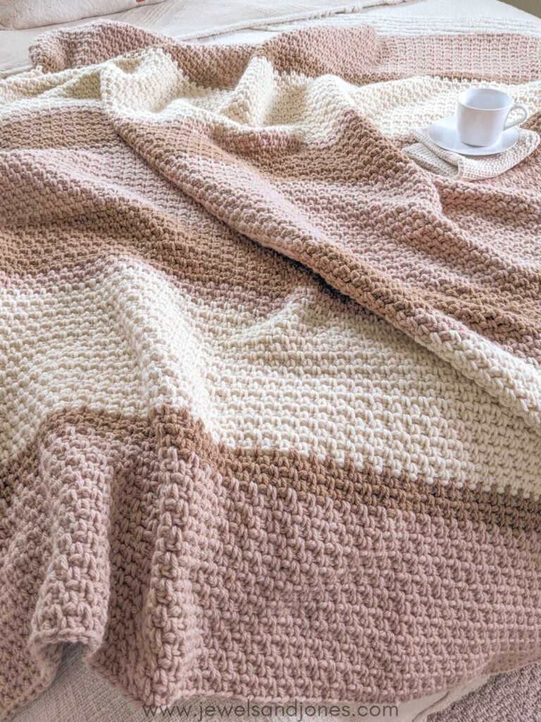 Easy Crochet Striped Moss Stitch Blanket Jewels and Jones