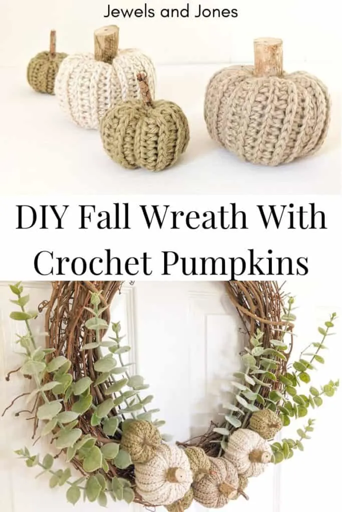 A fall-inspired crochet wreath with crochet pumpkins.