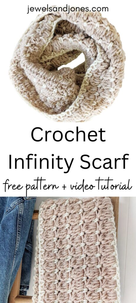 A cozy textured crochet scarf that has 2 different colors.