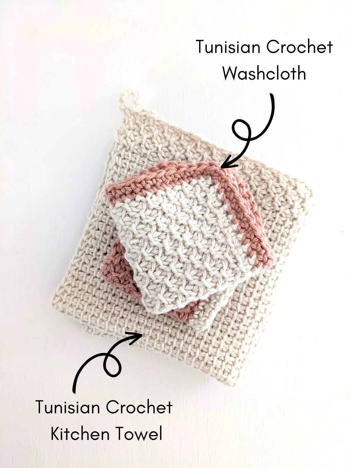 A crochet kitchen towel and washcloth set.