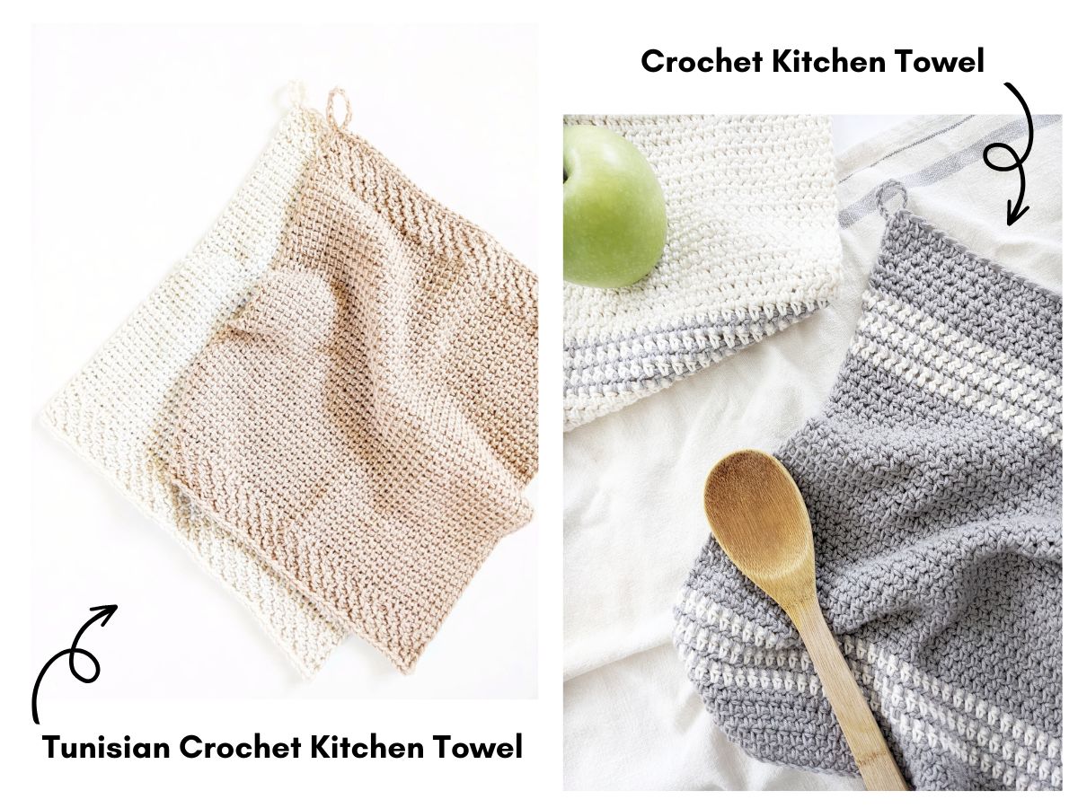 A Tunisian crochet kitchen towel and a striped crochet kitchen towel.